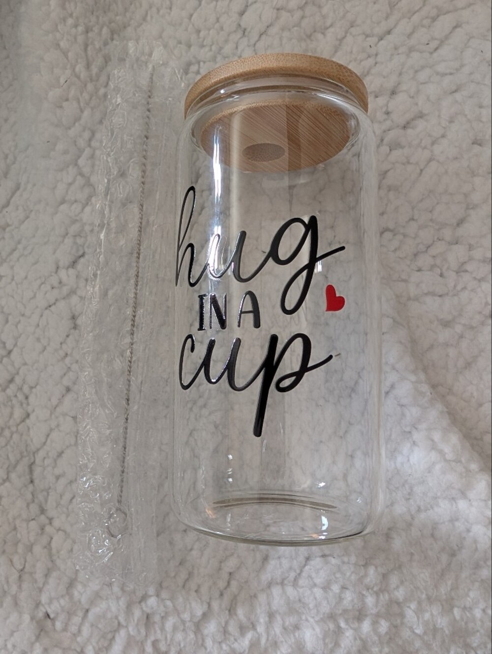 Amazon Clear Glass Cup with Black Script and Red Heart